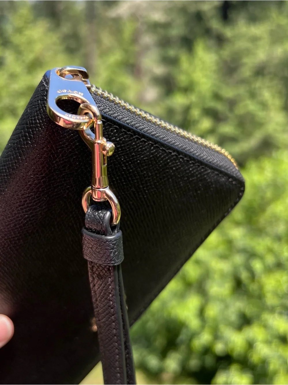 COACH Long Zip-Around Black Crossgrain Leather Phone Wallet with Gold Hardware